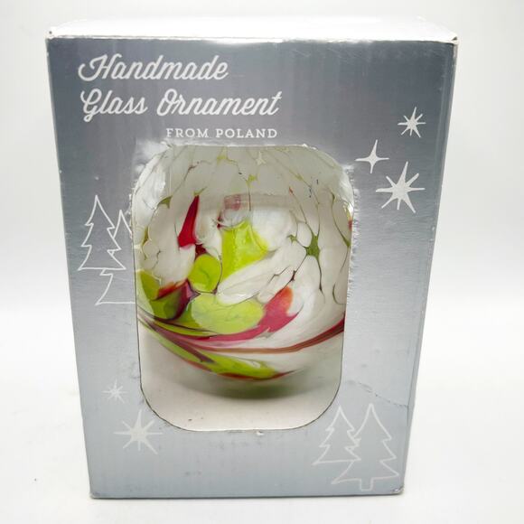 Zorza Handmade Glass Ornament Poland Round Mouth Blown White Red Green 4” NIB - Picture 1 of 6